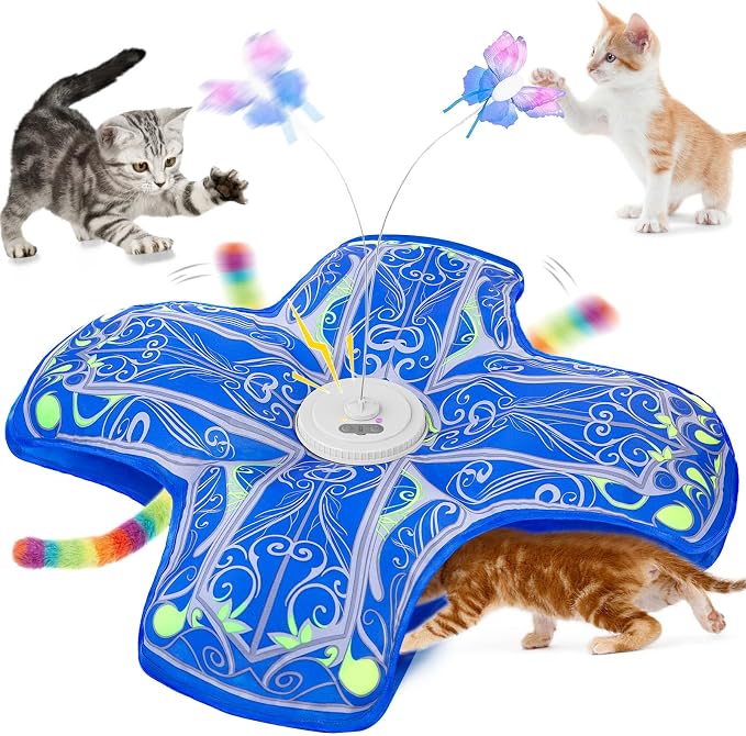 Qraxond automatic interactive cat toy B0FSD5WXP3 — actual Amazon listing photograph of the motion toy with butterfly and plush tail