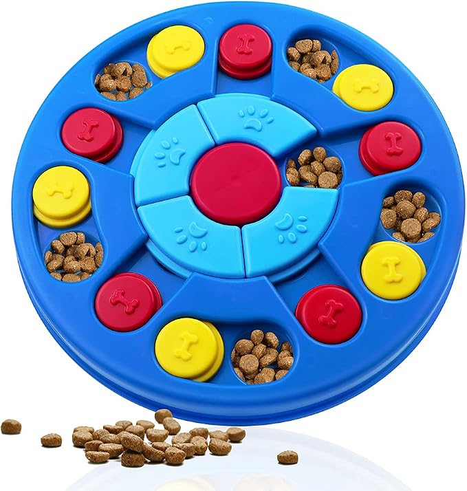 Spin and Slide treat puzzle B093FR19HC — actual Amazon listing photograph of the round blue puzzle board