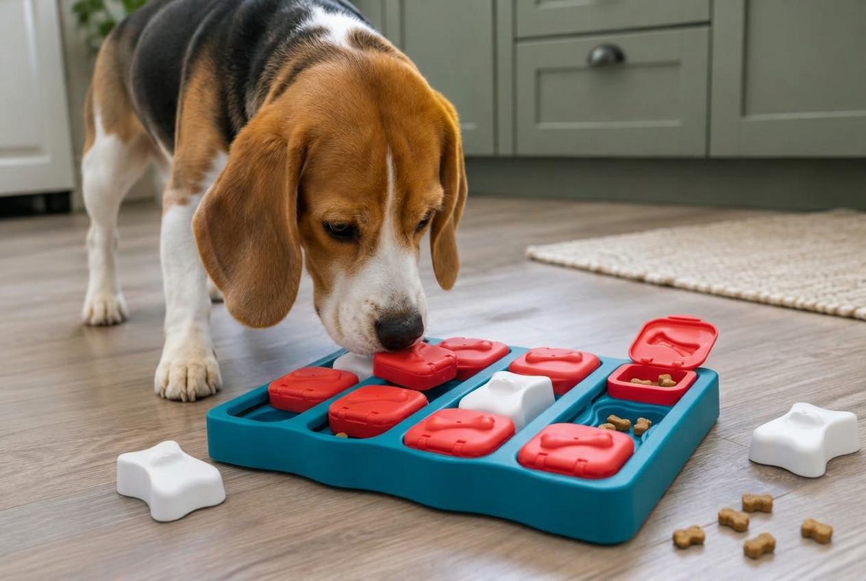 Beagle sliding a block on a wooden treat puzzle board