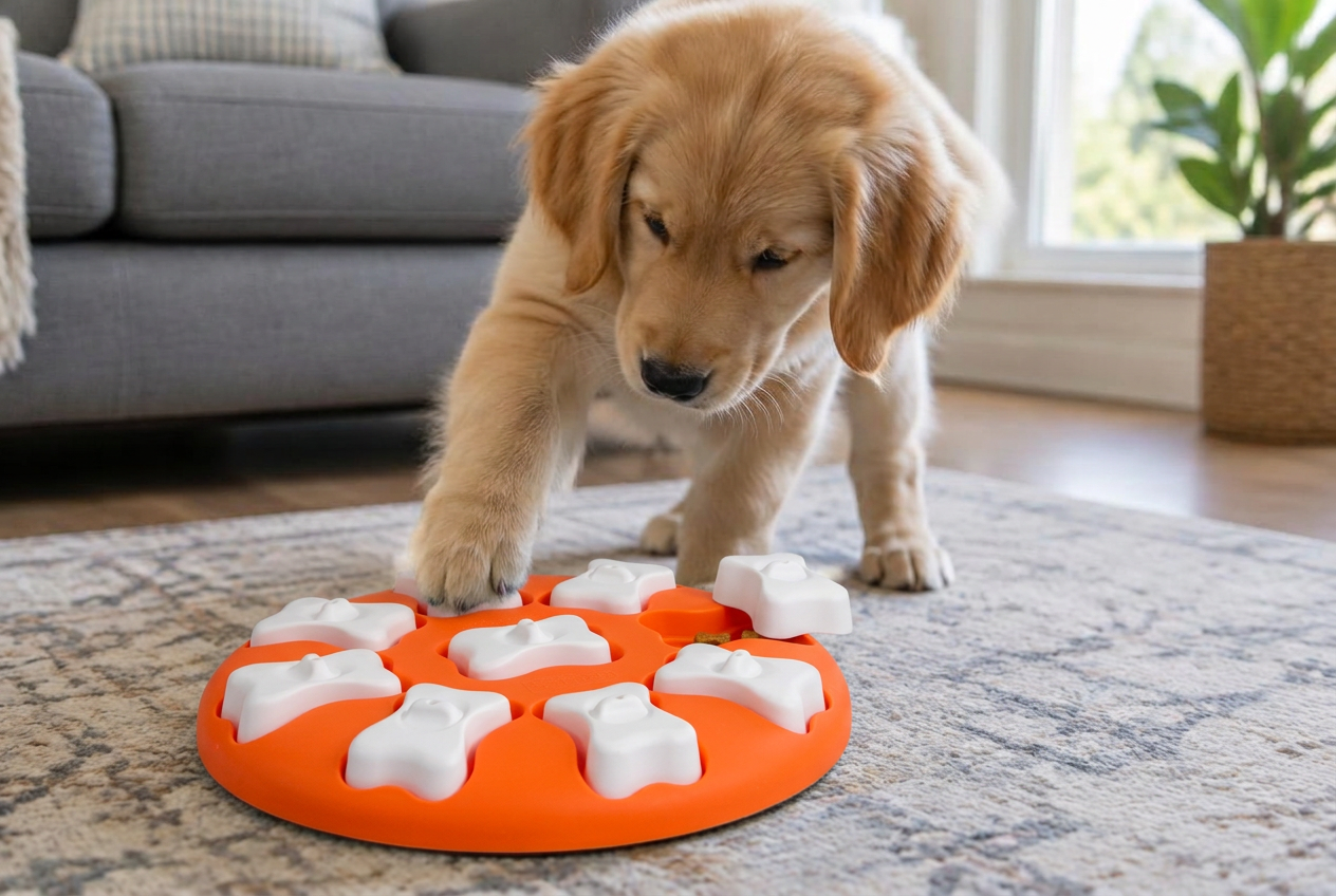Golden retriever puppy lifting a lid on a beginner treat puzzle