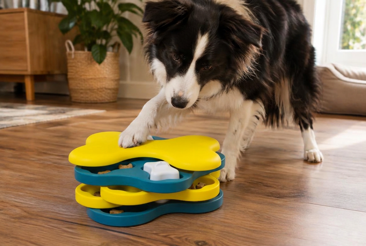 Border collie spinning a layered rotating treat puzzle