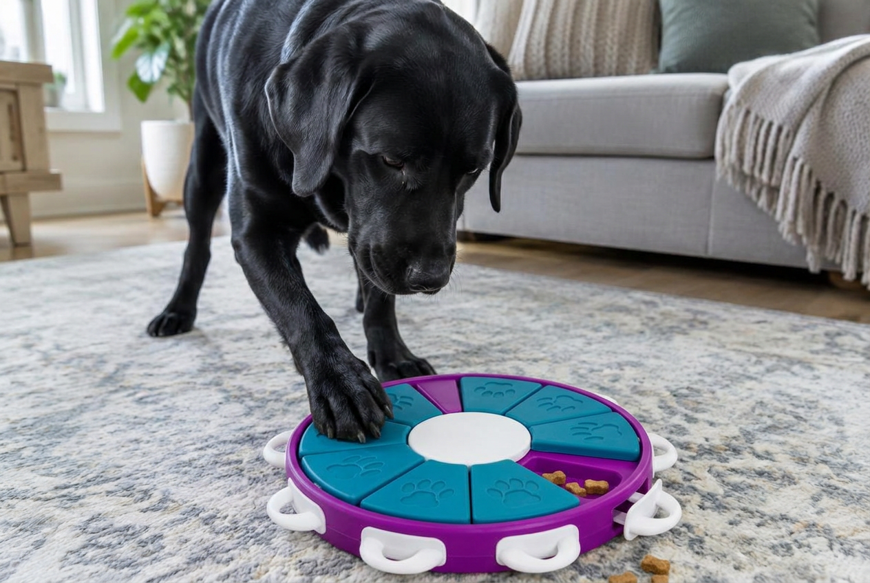Black labrador turning pieces on an advanced treat puzzle