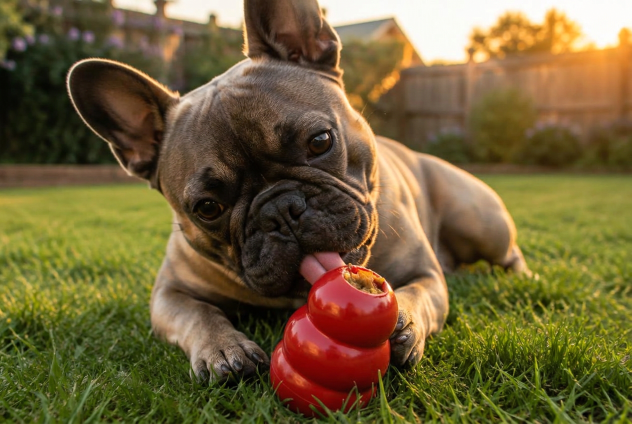 French bulldog licking a stuffed red rubber chew toy