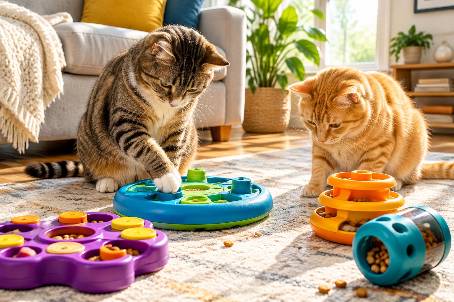 5 interactive cat toys, compared: puzzle boards, a motion toy and a ball tower